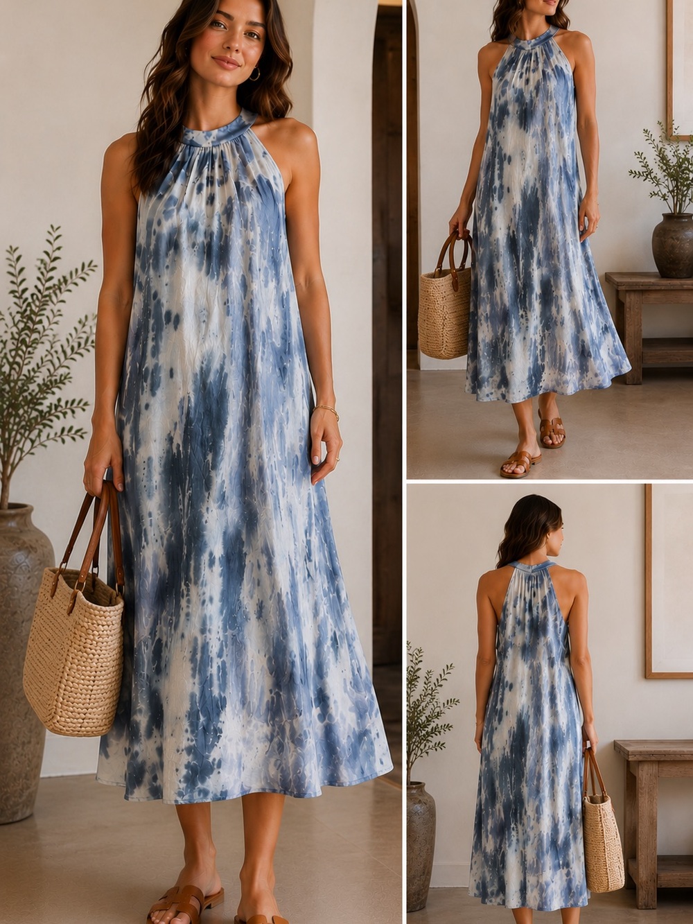THML Blue White Watercolor Print Midi Maxi Dress Boho - Picture 2 of 8